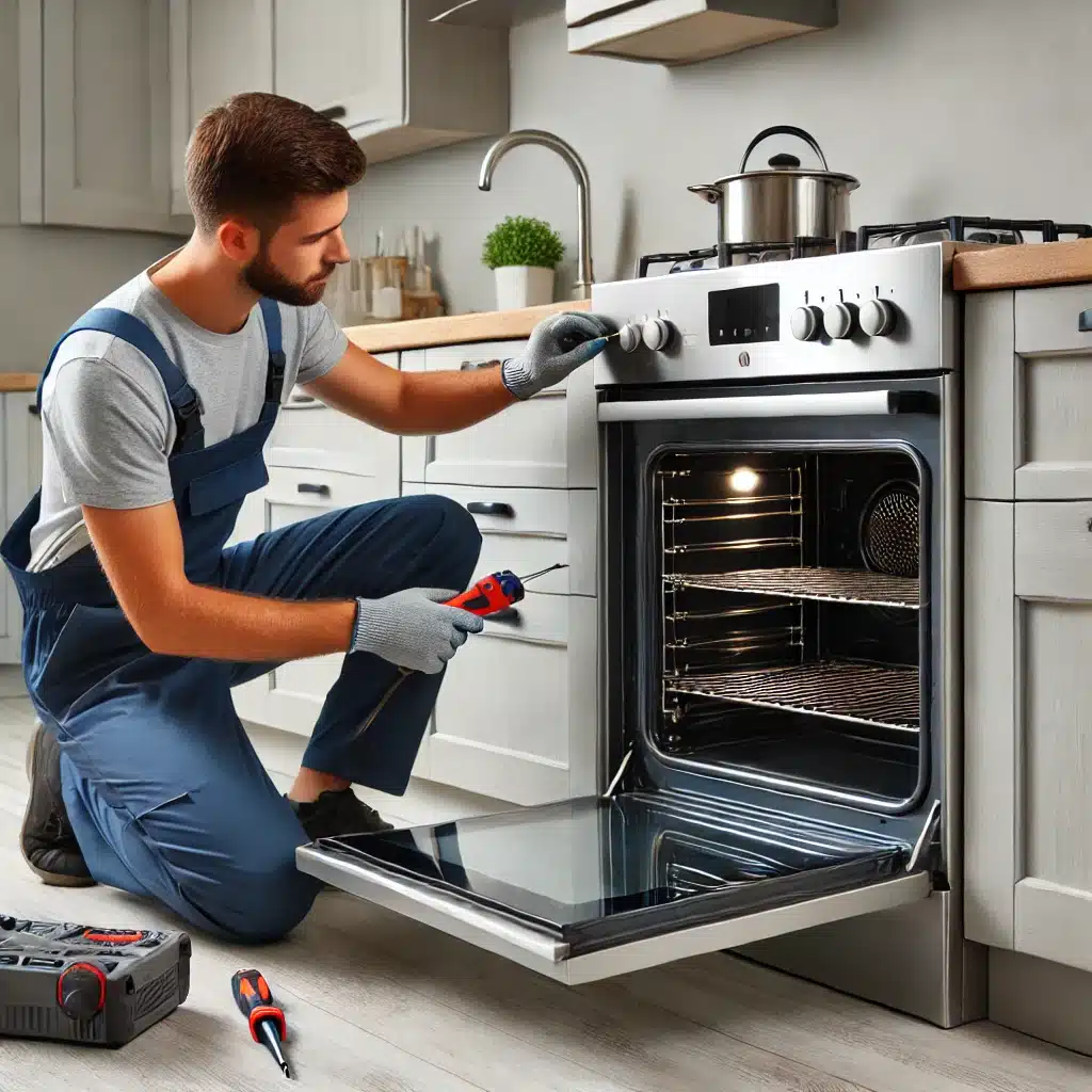 Professional Oven & Stove Repair technician repairing an oven and stove in a home kitchen. Expert appliance repair service for efficient and reliable fixes.