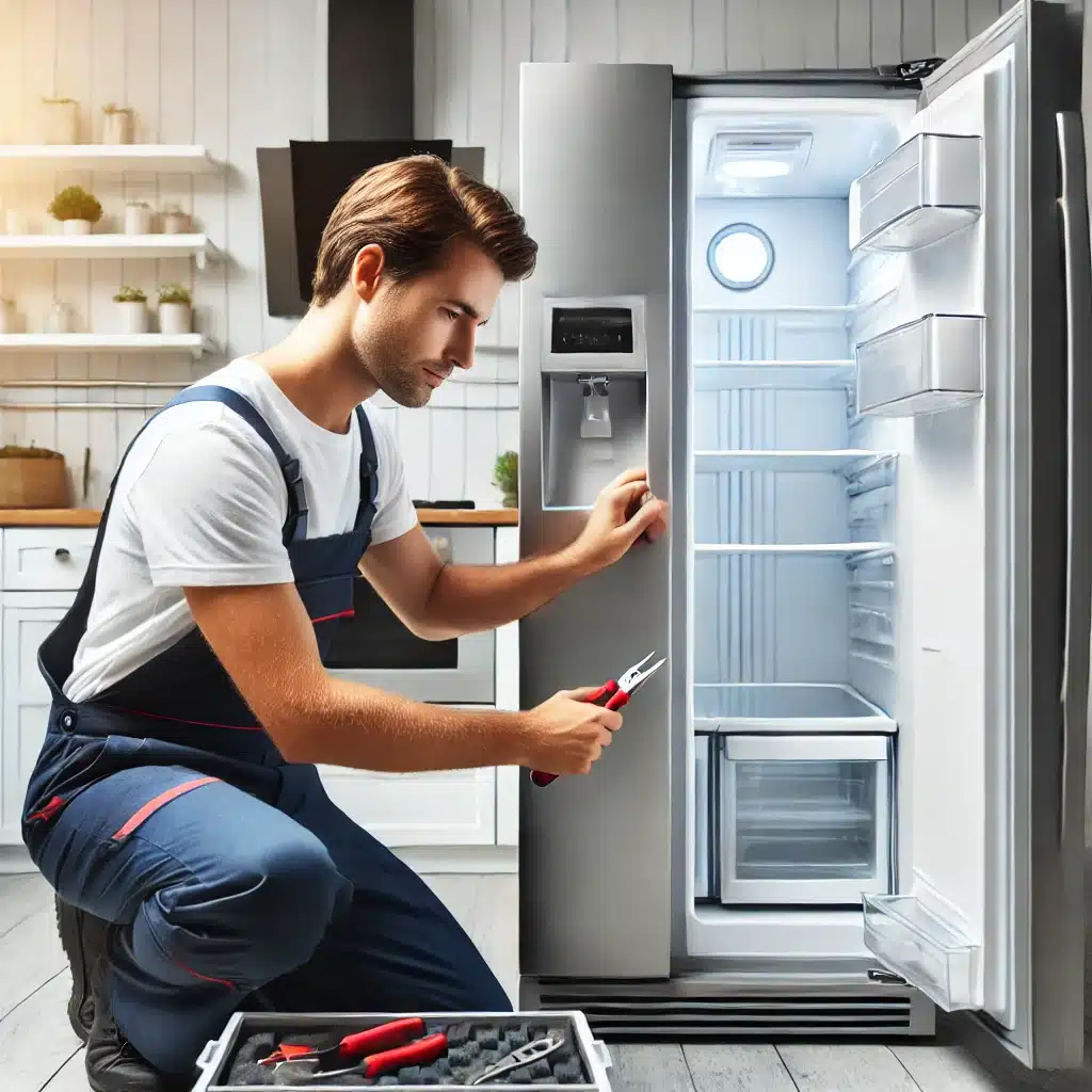 A professional technician repairing a modern refrigerator in a home kitchen.
