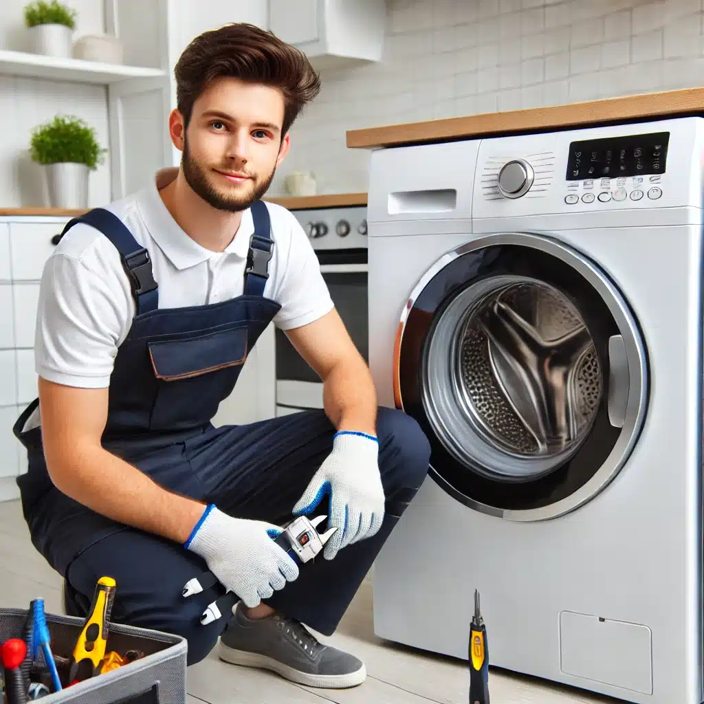 Professional technician repairing a modern washer and dryer in a home setting, using specialized tools. Fast and reliable washer & dryer repair services.