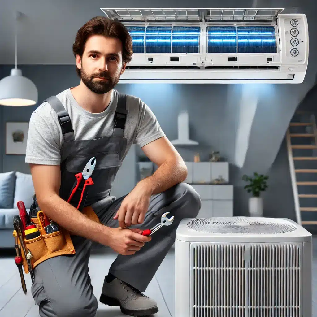 A professional HVAC technician repairing a modern heating and cooling system in a home setting. The technician is wearing a uniform and using speciali HVAC repair service, Heating and cooling repair, Emergency HVAC service, Air conditioning and furnace repair, Local HVAC technicians.