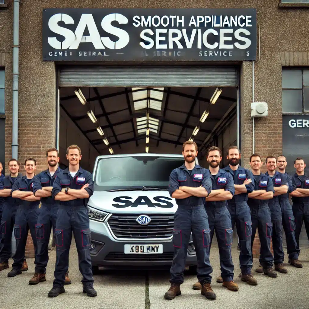 A team of about 10 professional appliance and HVAC repair technicians standing in front of a general service business garage. The garage doors are ope Home Page 1