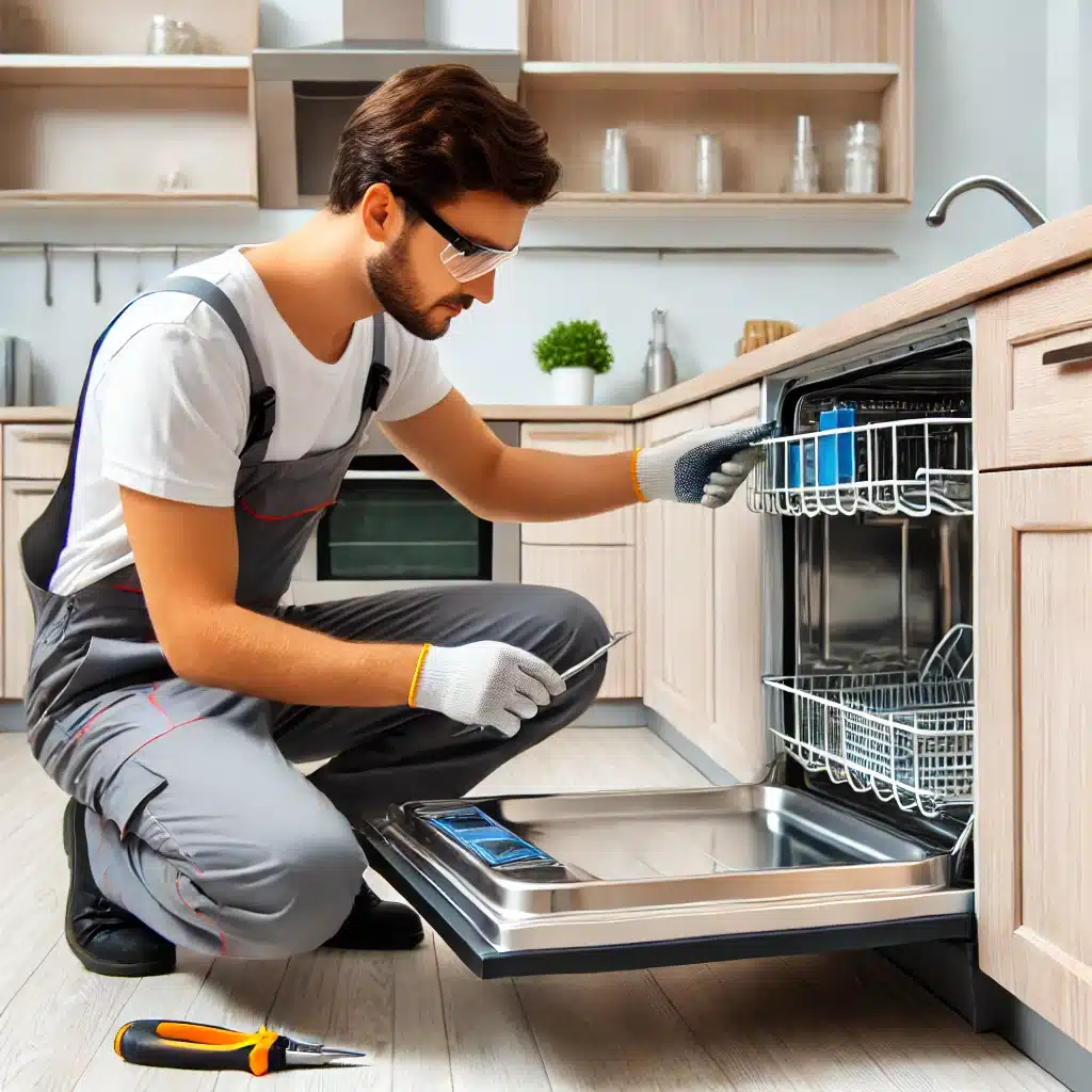 Home Page – Smooth Repair Services Professional appliance repair technician inspecting and fixing a modern dishwasher in a home kitchen.