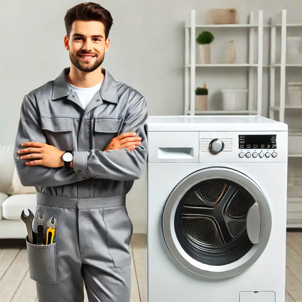 Home Page – Smooth Repair Services Professional appliance repair technician standing next to a modern clothes dryer, ready for service. Expert dryer repair for efficient and reliable home appliance maintenance.