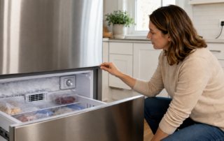 Freezer not freezing, a woman checking the door seal of an open freezer with frost buildup near the airflow vent.