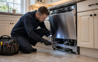 Dishwasher Leaking Repair: 5 Critical Warning Signs – Smooth Repair Services Appliance repair technician diagnosing a dishwasher leaking repair onto the kitchen floor.