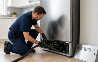Refrigerator Maintenance: 5 Essential Tips – Smooth Repair Services Refrigerator Maintenance technician vacuuming dust from the lower condenser and compressor compartment