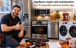 Appliance repair and maintenance: top 10 essential autumn/winter tips – Smooth Repair Services Appliance Repair and Maintenance - Professional appliance repair technician with refrigerator, oven, dishwasher, washer, and dryer, sharing essential autumn and winter appliance maintenance tips.